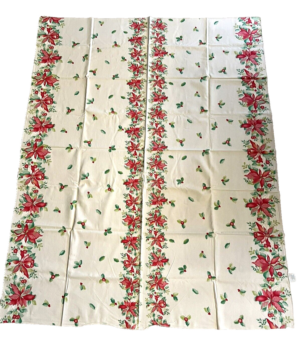 Vtg 1960s Linen Christmas Ivory Green & Red Poinsettias Tablecloth LEACOCK & CO